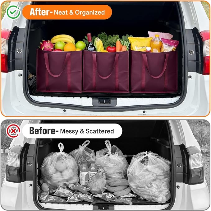 WISELIFE Reusable Grocery Bags, Foldable, Lasting Use, 35L, 6 Pack, Claret | Large Shopping Bags with Reinforced Stitching, Water-Resistant Grocery Totes for Kitchen, Market, Car Trunk, Picnic - Image 7