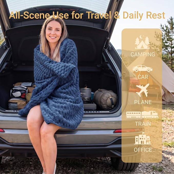 Travel Blanket with Bag, Soft Fleece Portable Airplane Blanket, Navy Blue | Soft fleece travel blanket 50x60in grey. 5-in-1: pillow, lumbar support, shawl, hand warmer. Washable, luggage sleeve, clip. - Image 3