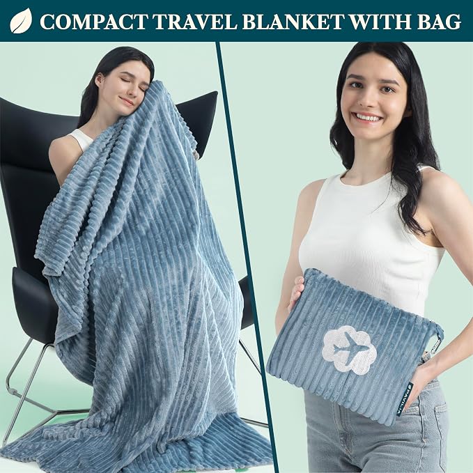 PAVILIA Travel Blanket Pillow, Soft Ribbed Fleece Airplane Blanket, Blue | 65x40, Compact Packable Plane Throw with Bag, Luggage Strap and Back Pocket, Cozy Flight Essentials Travelers Camping Gift - Image 2