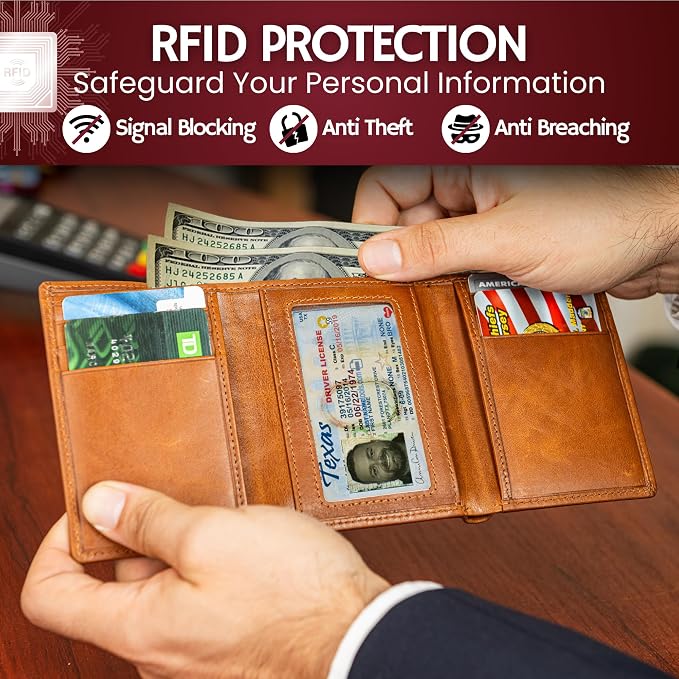 BULL GUARD Trifold Wallet with RFID For Men, Genuine Real Leather - Top Grain Cowhide Tan, Durable & Compact Tri-Fold Design with Strong Stitching for Comfortable Pocket Fit, Secure Everyday Carry - Image 3