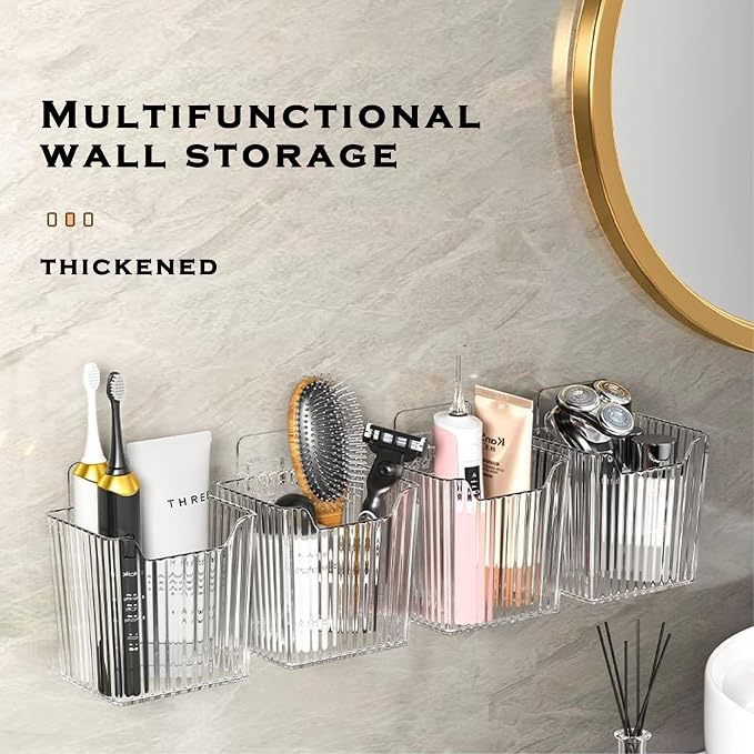 4 Pack Acrylic Wall Mount Organizer, Adhesive Cabinet Door Storage Bins, Clear Makeup Containers, Stackable Organizer Basket for Kitchen, Bathroom, Cabinet, Pantry, Office - Image 3