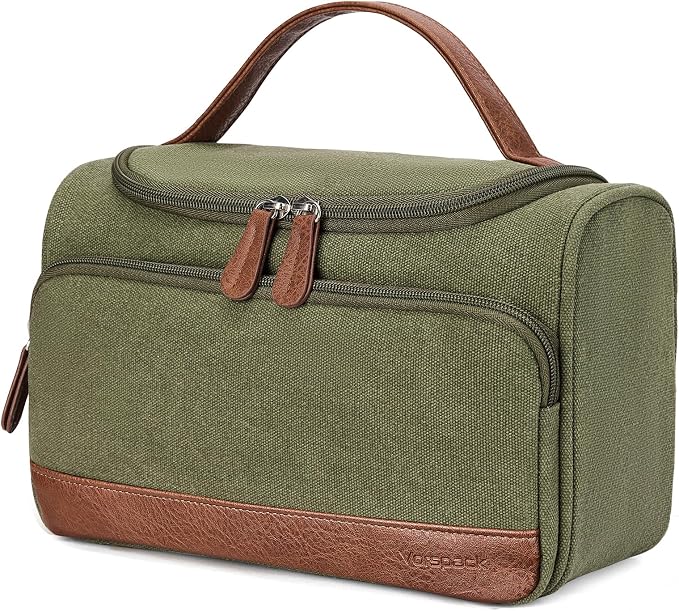 Vorspack Structured Canvas Travel Toiletry Bag for Men, Medium-Green | Upright Travel Bag with Wet Pocket, Wide Opening, Bathroom Organizer for Shaving Grooming Skincare, Travel Essentials, Gifts by Vorspack