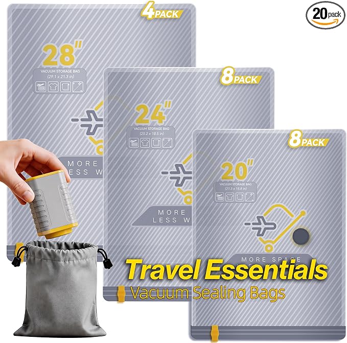 20-Pack Vacuum Bags for Travel with Wireless Rechargeable Pump | Carry-on Size Compression Packing Bags for Luggage & Suitcase, Space Saver for Clothes & Home Seasonal Storage, 3S Vacuum by TheArtofSmartTravel