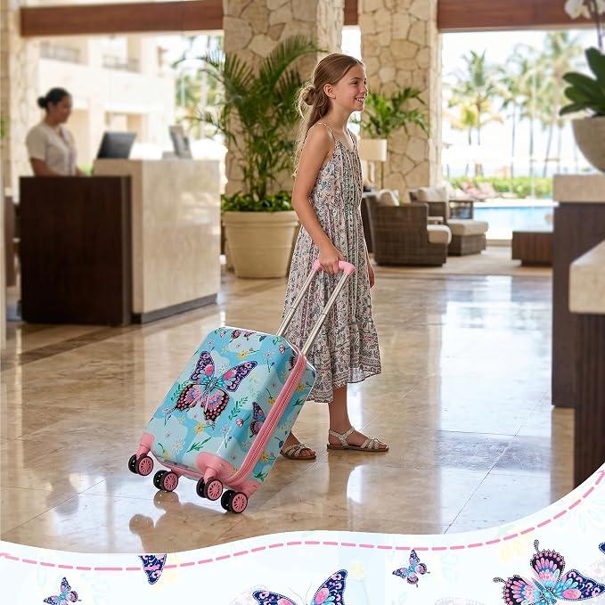 Kids Luggage Sets 2 Piece Rolling Suitcases with Wheels for Girls Hardshell Toddler Suitcase Set with Neck Pillow Airplane 16 Inch Kids' Carry on Luggage Blue Butterfly - Image 6