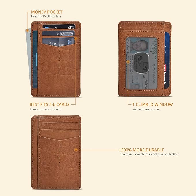 Slim Minimalist RFID Leather Wallet, Front Pocket Card Holder, Dark Cognac - Image 2