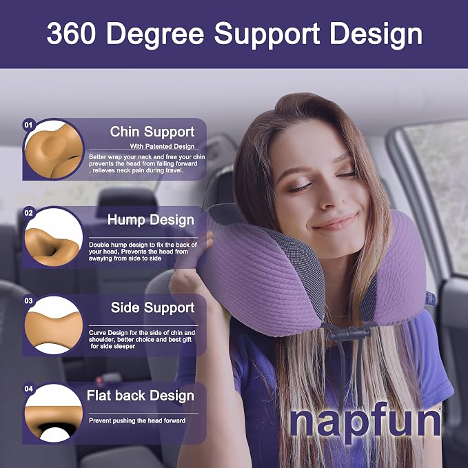 napfun Neck Pillow for Travel with Travel Pouch, Sleep Mask & Earplugs, Memory Foam Airplane Pillow for Headrest Sleep with Eyeshades, Plane Essentials with Eye Blindfold, Light Purple Striped Kit - Image 3