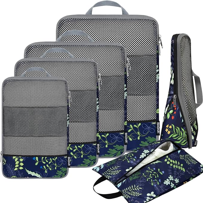 BAGAIL 4 Set/6 Set/8 Set Compression Packing Cubes Travel Accessories Expandable Packing Organizers (Half Mesh, 6-Navy Leaf) by BAGAIL
