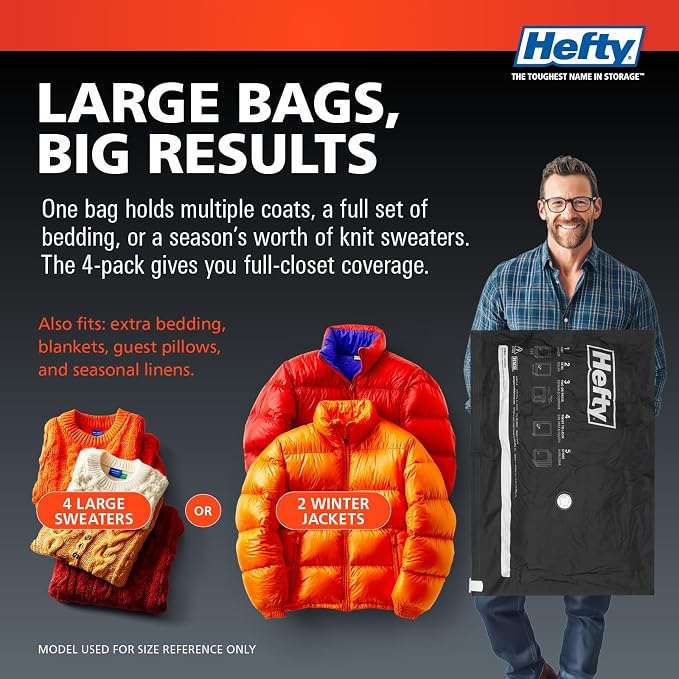 Hefty MAX Shrink-Pak Vacuum Seal Storage Bags for Clothing, Travel, Bedding | Tear & Water Resistant, Dual-Valve Space Saver Compression Bags - Large, 4-Pack - Image 5