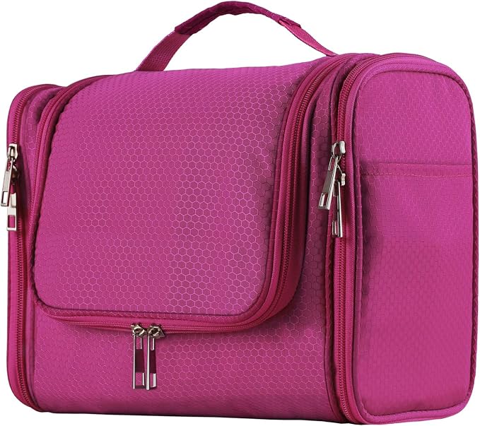 Buruis Large Capacity Waterproof Toiletry Bag for Women, Hanging Toiletry Organizer, 11"x 6.2"x 8.8", Fushcia | Honeycomb Nylon Design, Large Capacity, Dual Zippers, Sturdy Hanging Hook, Full-Size Toiletry Storage, Cosmetic Essentials by KeepYourBathroomKitchenandHomeOrganized