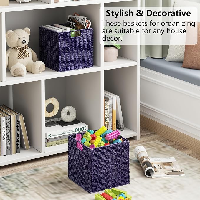 Wicker Storage Basket, Set of 2 Hand-Woven Paper Rope Wicker Basket, Foldable Cube Storage Bins, 9 inch Square Storage Baskets for Organizing Shelves & Decor, Purple (9″×9″×9″) - Image 7