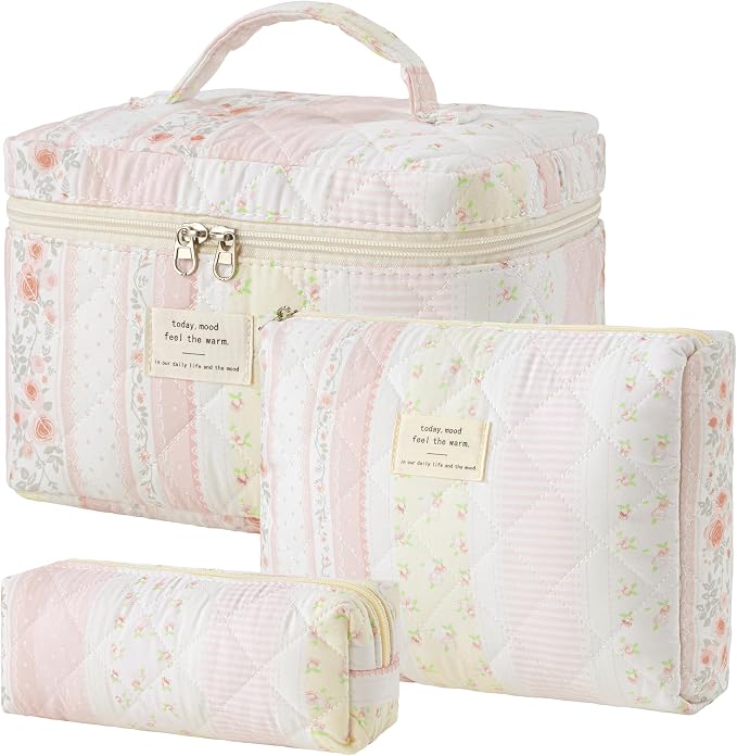 HBselect Quilted Makeup Bag, 3Pcs Cotton Large Travel Makeup Bags Organizer | Cute Floral Make up Bag Cosmetic Bag Toiletry Bag for Women Girls, Makeup Pouch for Skincare, Brushes & Travel Essentials by HBselect