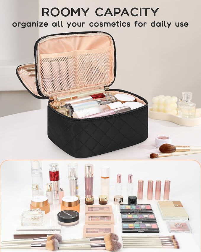 Relavel Large Travel Makeup Bag with Separate Makeup Brush Compartment | Make Up Pouch for Women with Double Layer Design, Portable Toiletry Organizer Bag with Handle for Short Trip, Black - Image 9