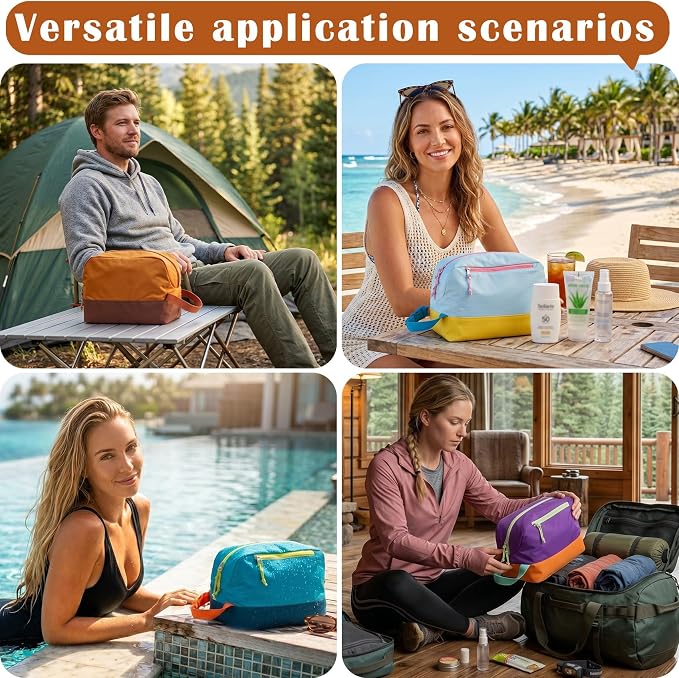 Waterproof Makeup Bag For Women Men,Two-Tone Colorblock Travel Toiletry Bag With Wet Pocket & Removable Transparent Bag, 8L Large Capacity Lightweight Vacation Essentials (Dusk Orange+Dark Brown) - Image 7