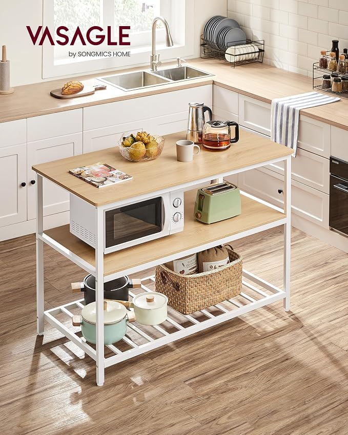 VASAGLE Kitchen Island with 3 Shelves, 47.2 Inches Width Kitchen Shelf with Large Worktop, Stable Steel Structure, Industrial, Easy to Assemble, Oak Color and White UKKI001W09 - Image 2