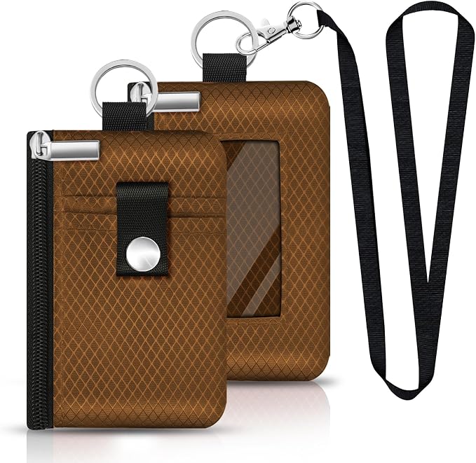 Minimalist RFID Blocking Small Wallet with ID Window,WaterResistant Zip Id Case Wallet with Lanyard Keychain for Cards,Cash,Travel,Women,Men (Brown) by CCUMI