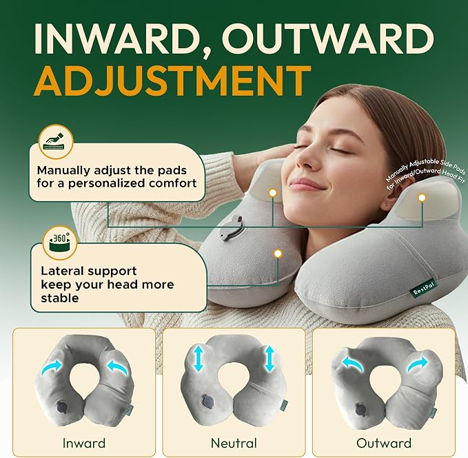 Inflatable Travel Neck Pillow with Adjustable Memory Foam Sides | Lightweight, Soft & Portable Support (Light Gray, Standard) - Image 2
