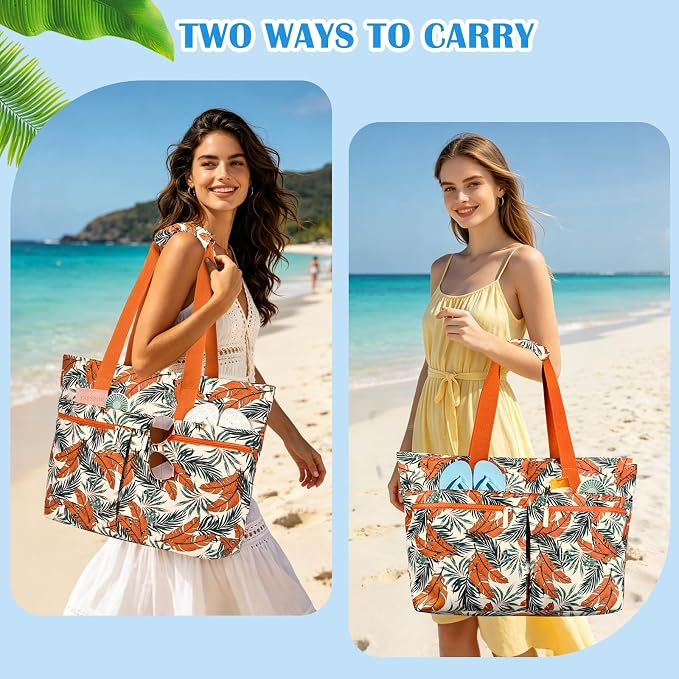 HUANLANG Large Beach Bags for Women Pool Bag with Zipper, Waterproof Sandproof Beach Tote Travel Bag with Wet Pocket - Image 8