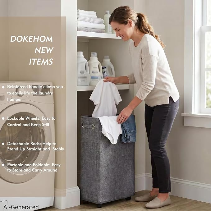 DOKEHOM 29" Enlarged Slim Rolling Laundry Basket Hamper on Wheels, Grey | Collapsible tall laundry hamper with removable mesh wash bag. Foldable narrow corner clothes storage bin for small spaces - Image 2