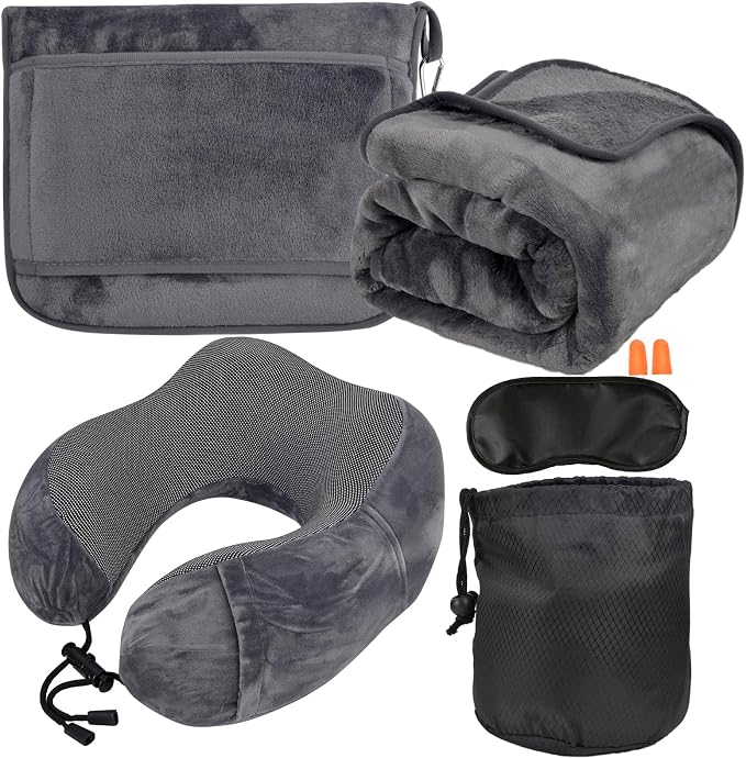 Travel Blanket and Pillow Set - Neck Pillow Airplane Essentials, Dark Grey | Memory Foam, Sleep Mask, Earplugs with Bag, Fleece Soft Comfort for Long Plane Flight Traveling Car Road Trip Flying by Nerien