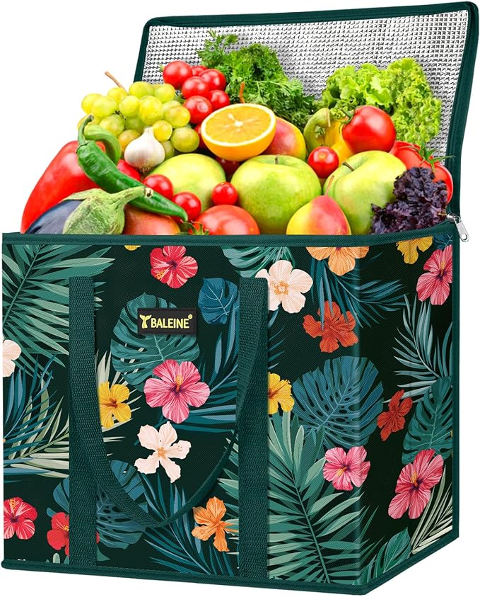 BALEINE 1PK Insulated Reusable Grocery Bag, Heavy Duty Shopping Tote | Foam & Foil Insulation, 9" Long Handles, Reinforced Bottom Keeps Upright, Fold Flat Storage, Water-Resistant Shopping Bag by BALEINE