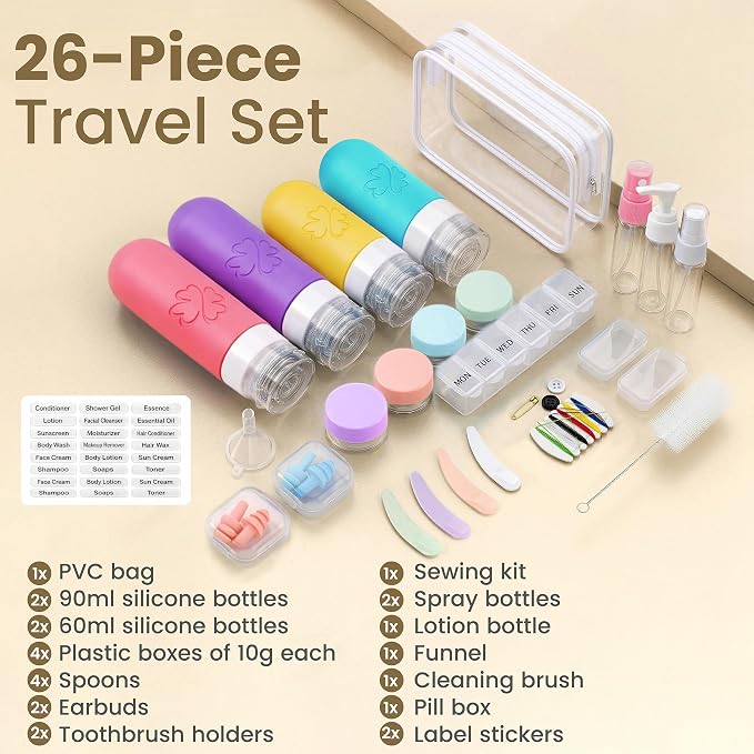 26-Piece TSA Approved Travel Toiletry Kit, Leak-Proof Silicone Refillable Bottles for Shampoo, Conditioner & Lotion, Travel Size Containers with Pill Organizer, Spray Bottle & Sewing Kit - Image 2