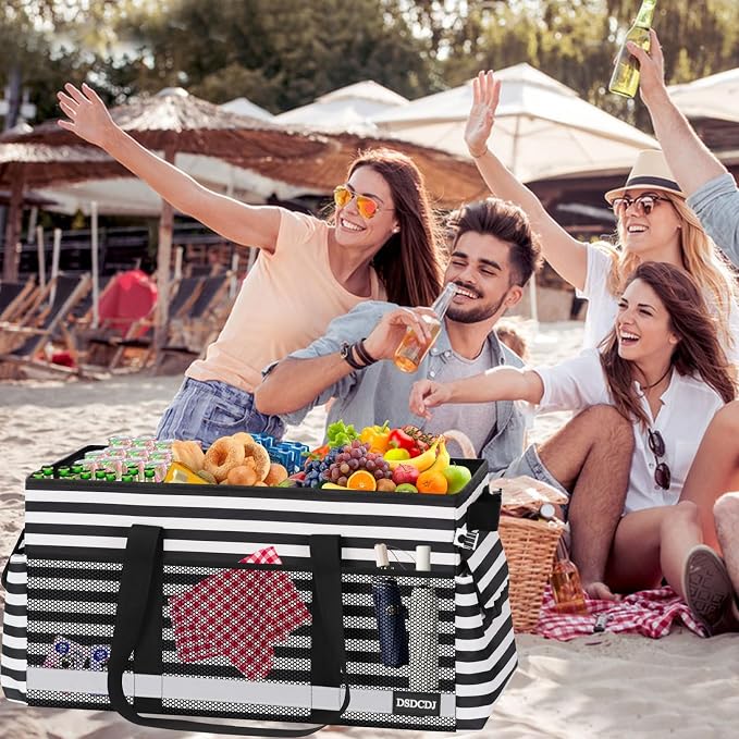 Extra Large Utility Tote Bag with Reflective Strip, Standing Reusable Grocery Bags with Hard Bottom, Collapsible Utility Tote with Handles for Shopping, Beach, Picnics, Car, Striped Black - Image 2