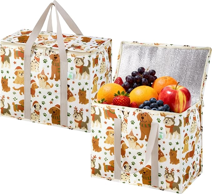 VENO 2 Pack Insulated Cooler Bag for Food Delivery, Reusable Grocery Bag | Heavy Duty Large Collapsible Cooler Shopping Tote w/ Zippers, Foldable, Stands Upright for Camping (Holiday Pups, 2 Pack) by Veno