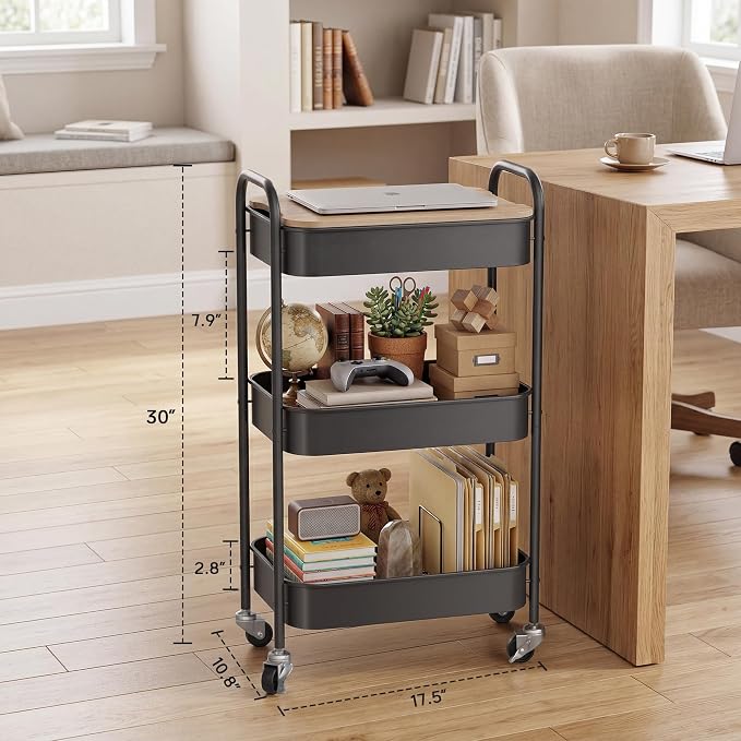 DTK 3 Tier Rolling Cart with Wheels, Heavy Duty Metal Utility Cart, Mobile Storage Organizer with Lockable Casters, Multi-Purpose Rolling Cart for Nursery, Bathroom, Kitchen, Office, Classroom - Image 2
