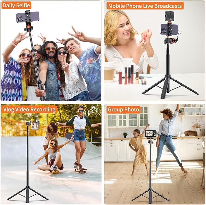 VRIG TP16 Camera Tripod, 55" Extendable Phone Selfie Stick Camera Tripod Stand with 2 in 1 Phone Clip, 5 Levels Adjustment 360° Ball Head Loads Up for DJI OSMO Pocket 4/3 Insta360 X5 iPhone Sony Canon - Image 2