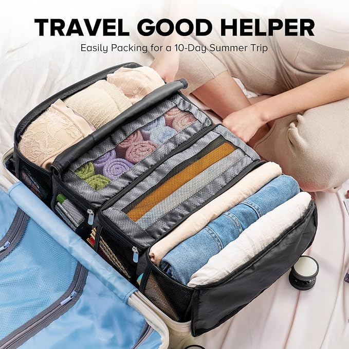 Suitcase Organizer - Travel Luggage Hanging Shelves Packing Cube Closet/Collapsible Portable Travel Organizer for Carry-on, Medium, Dark Grey - Image 5