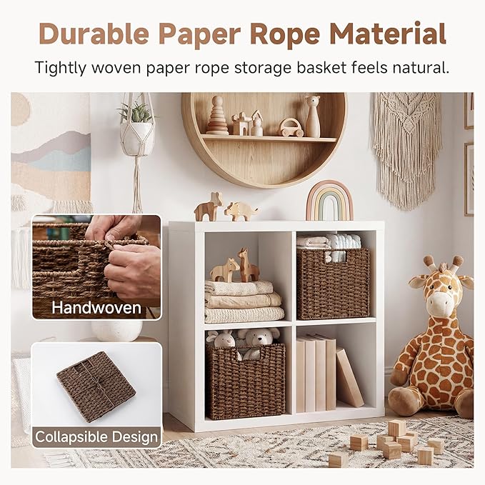 StorageWorks 11 inch Cube Storage Bins, Wicker Storage Cubes 11x11x11,Brown | 2-Pack, Handwoven Square Cubes Baskets, Foldable Paper Rope Baskets for Organizing, Square Baskets, Wicker Basket for Storage - Image 5