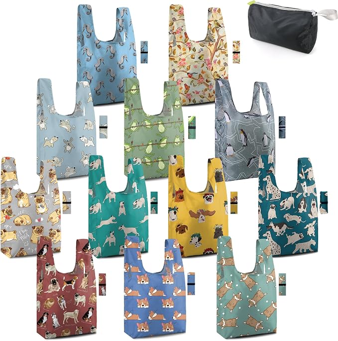 BeeGreen Animal Reusable Grocery Bags Bulk Gifts 12-Pack - Large Tote with Zipper Pouch | Foldable & Washable Polyester Shopping Bags Heavy Duty Animal Lover Gifts Reusable Bag With Handles by BeeGreen