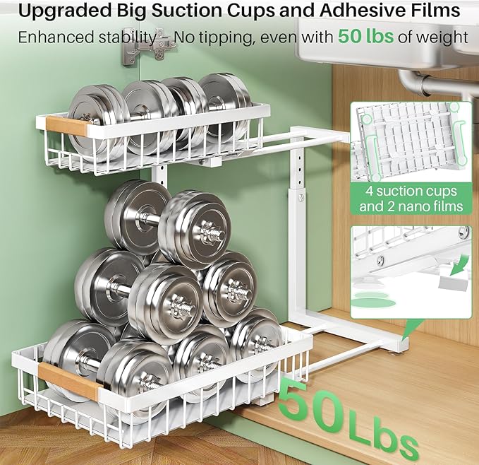 Kitstorack Under Sink Organizer, 2 Tier Under the Sink Storage, Slide out Pull out Cabinet Organizer Shelf, Metal Sliding Drawer for Kitchen Bathroom Pantry Closet Organization Rack, White, 1 Pack - Image 4