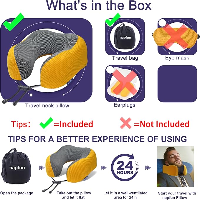 napfun Neck Pillow for Travel, Memory Foam Airplane Pillow, Yellow | 360° Neck Support, Upgraded 100% Memory Foam for Airplane, Car, Train, Bus, Office Sleep, Travel Essentials for Long Flights - Image 5