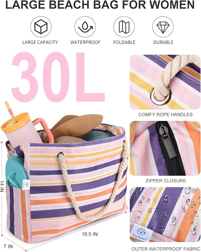 Genteen Beach Bag for Women, Large Waterproof Sandproof Beach Tote with Zipper Pocket, Solid for Travel Pool - Image 3