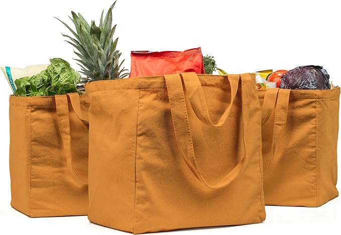VeraMia Canvas Grocery Bag 3pc XL Set with Real Pockets, Long Shoulder Strap and Short Handle. Heavy Duty, Foldable, Washable by VeraMia