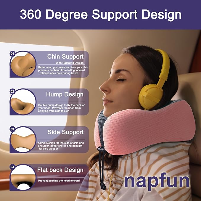 napfun Neck Pillow for Travel, Memory Foam Airplane Pillow, Pink | 360° Neck Support, Upgraded 100% Memory Foam for Airplane, Car, Train, Bus, Office Sleep, Travel Essentials for Long Flights - Image 3