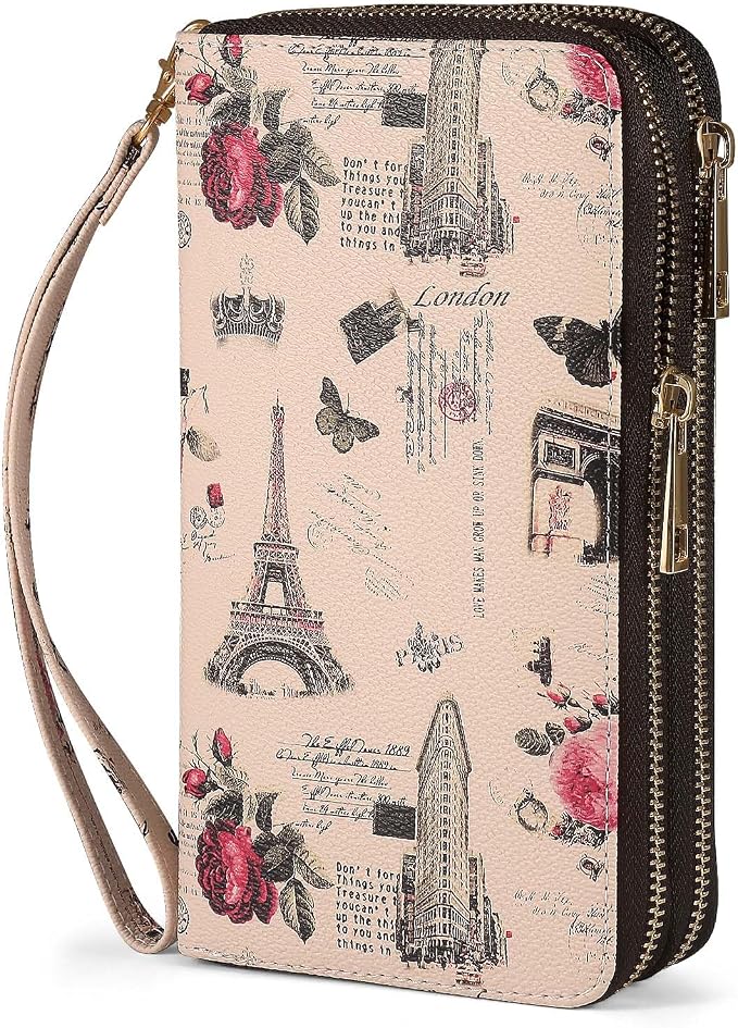 RFID Wallet for Women with Cellphone Pocket - Double Zipper Wristlet Purse Large Capacity, 17 Card Slots, Coin Pocket, ID Window, Effel Tower Flower by HAWEE