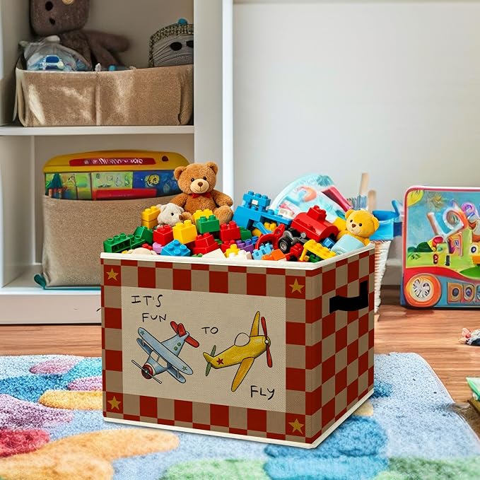 Rustic It's Fun To Fly Airplane Storage Bins Boxes with Handles | toys books clothes, red checkered nursery foldable basket for organizing bedroom toddler room playroom - Image 2