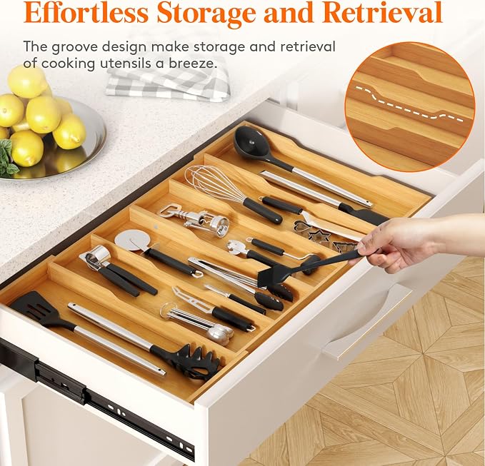 Lifewit Bamboo Utensil Organizer for Kitchen Drawer, Cooking Utensil Tray | Expandable Cutlery Silverware Flatware Holder, Wood Adjustable Spatula Tools Storage Divider, 17.8-28.3 x 17", Natural - Image 7
