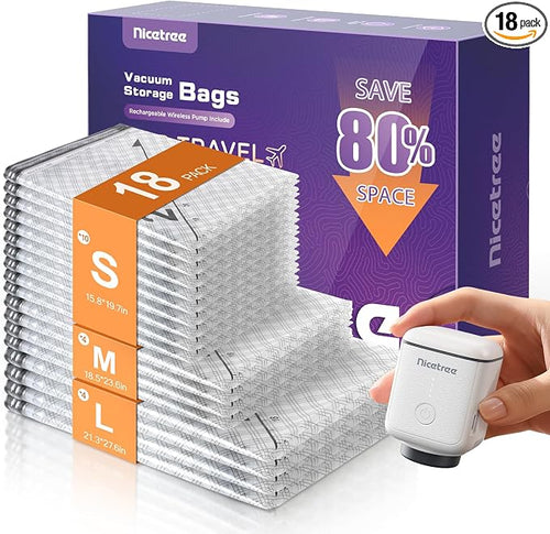 18-Pack Travel Vacuum Bags with Rechargeable Cordless Pump | 3 Sizes (20", 24", 28") Travel Vacuum Seal Bags for Clothing, Bedding & Seasonal Storage | Space Saver for Luggage by Nicetree