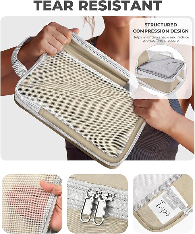 Percover Compression Packing Cubes for Travel, 8-Piece Structured Compression Organizer Set with Laundry Bag & Shoe Bag for Carry-On & Checked Luggage, Camel - Image 4