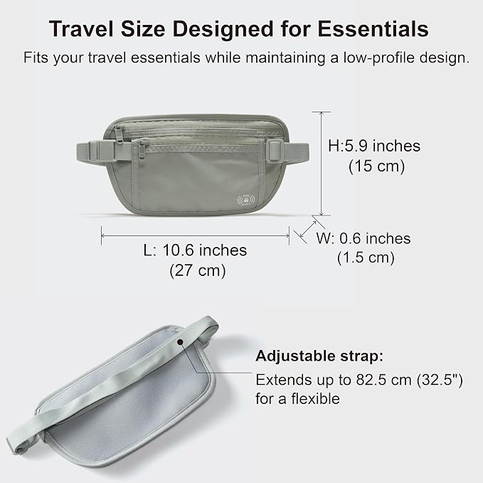 Pander RFID Blocking Travel Money Belt – Hidden Waist Pouch for Passport, Cash, Cards, Slim Belt Bag for Men and Women, Light Grey - Image 3