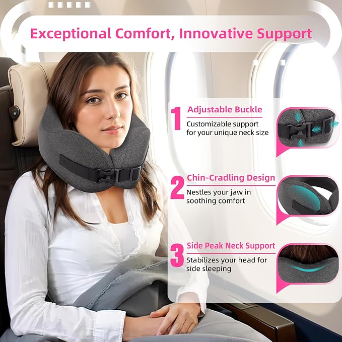 Neck Pillow Airplane Travel Set - Pure Memory Foam Travel Pillow for Long Flights Essentials, Sleeping with 3D Contoured Eye Mask, Earplugs, Portable Bag (Grayish) - Image 2