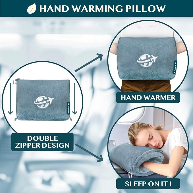 PAVILIA Travel Blanket and Pillow, Arms Opening Airplane Blankets for Adults, Compact Plane Blanket with Arm Hole 2-in-1 Bag for Flight Car Camping Fit in Luggage Backpack Traveler Gift, Blue - Image 5