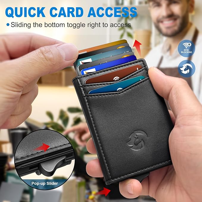 Wallet for Men, Slim Pop Up Card Holder with RFID Blocking, Minimalist Bifold Wallet with 10 Card Slots, 2 ID Window and Money Clip, Metal Flip Case with Magnetic Closure, Gift Box - Image 4