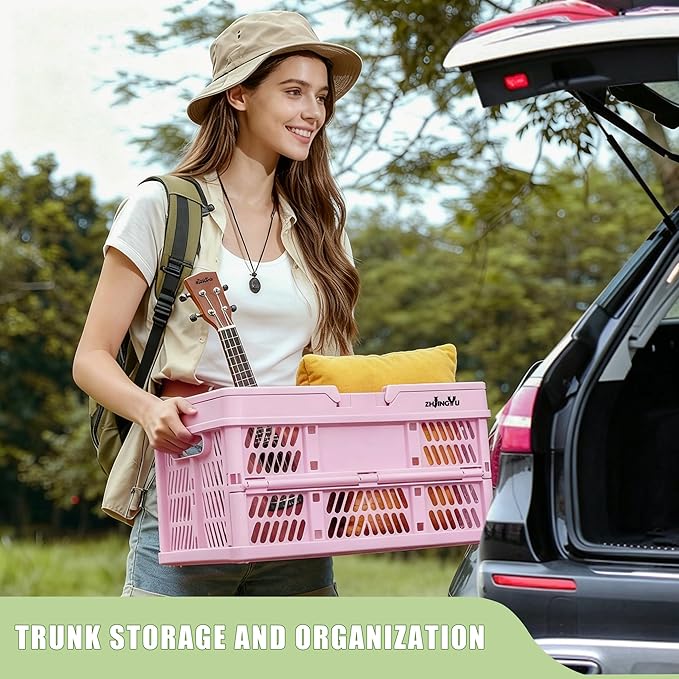 20L Pink Foldable Plastic Storage Crate Collapsible Shopping Basket | plastic baskets with handles for organizing,14.96" x9.84"x 7.87" basket for Trunk Milk Dairy Kitchen,Bathroom,school,office - Image 3