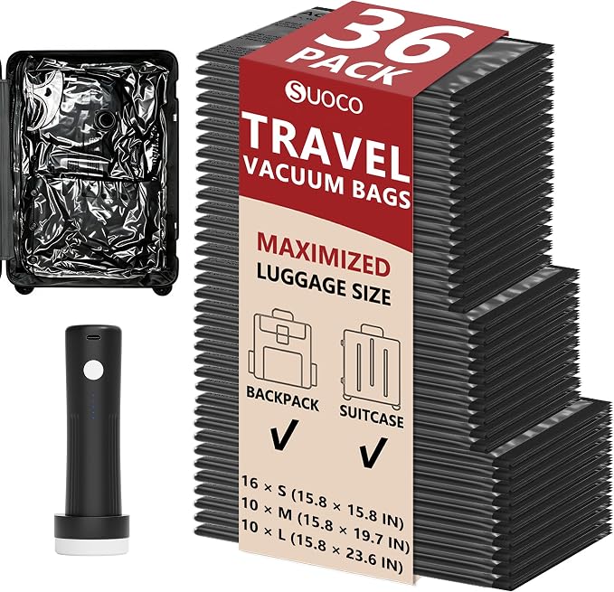 Travel Vacuum Bags for Clothing with Rechargeable Pump 36 Combo, Black | Compression Packing Cubes Organizer Storage for Luggage Suitcase, Space Saver Seal Bags for Vacation Cruise by SUOCO