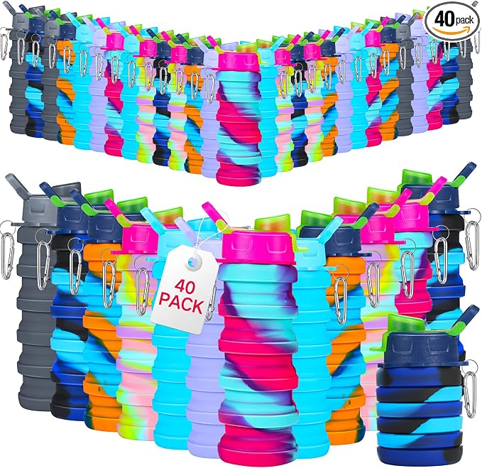 Sunnyray 40 Pack Collapsible Water Bottles Bulk Foldable Water Bottles 17oz Silicone Portable Leak Proof Reusable by Sunnyray
