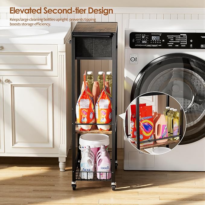 Lewondr 3-Tier Slim Storage Cart with Drawer, Rolling Utility Cart, Black | Handle & Lockable Wheels, with Wood Top, Metal Frame, Kitchen Bathroom Laundry Room Organizer for Small Spaces - Image 3